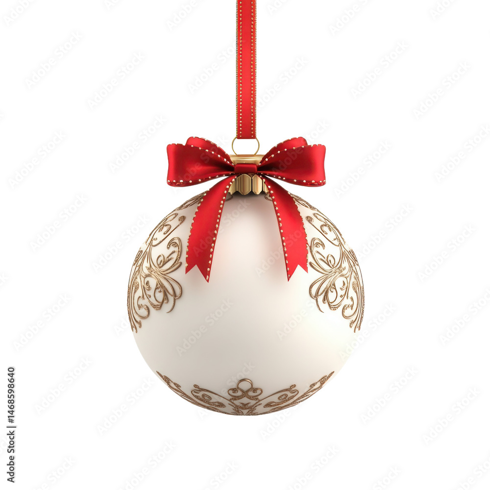 Holiday ornament with red bow and gold pattern isolated on transparent background Holiday ornament with red bow and gold pattern isolated on transparent background