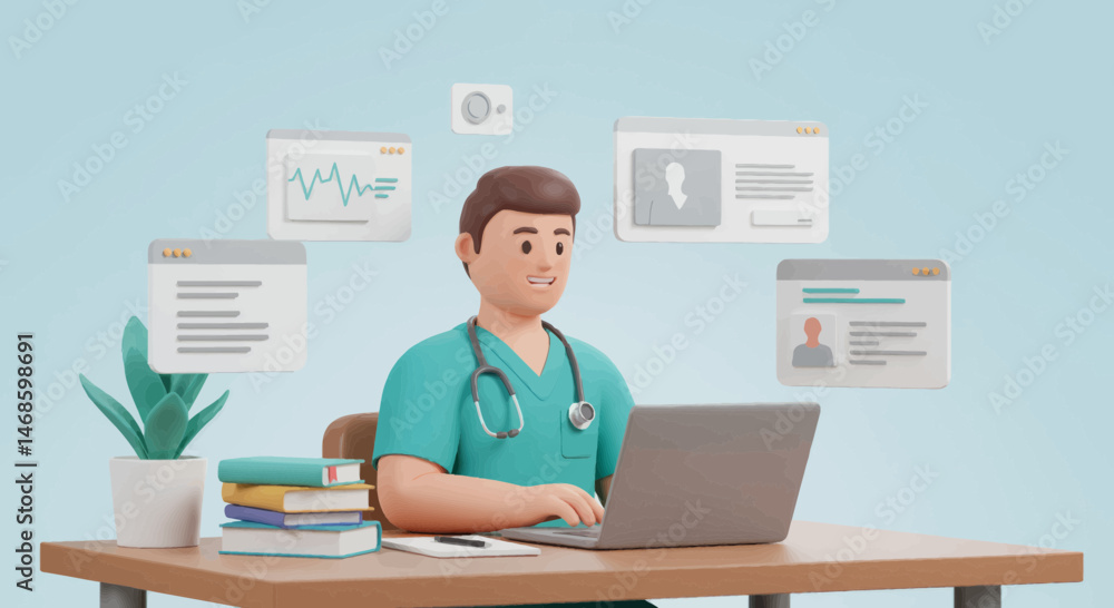 Fototapeta premium Smiling 3D Rendered Male Professional Using A Computer At Desk With Medical