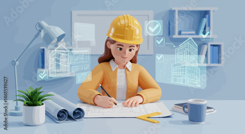 Female Architect Designing Building Blueprint At Desk With Hologram