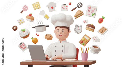Smiling Cartoon Chef Using A Laptop, Surrounded By Food Images And Recipe Items