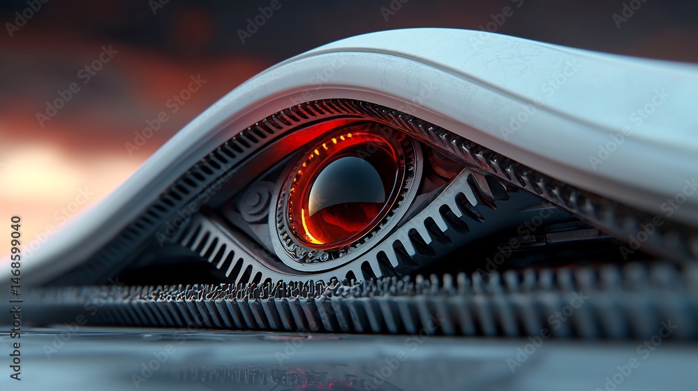 Futuristic mechanical eye, complex gears and intricate components, against a dramatic sunset backdrop