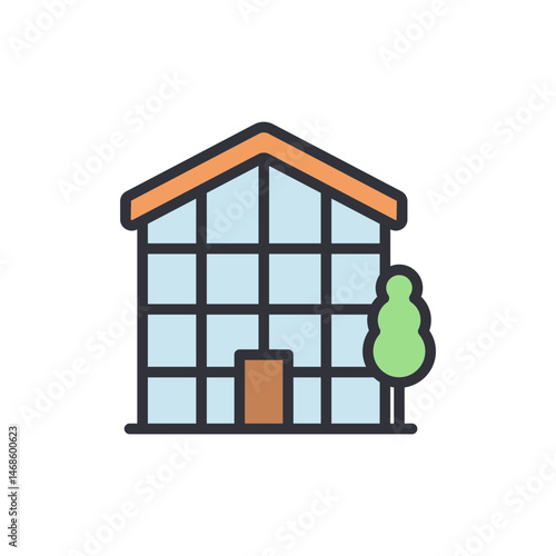 Minimalist building illustration, transparent facade, serene neighborhood tree