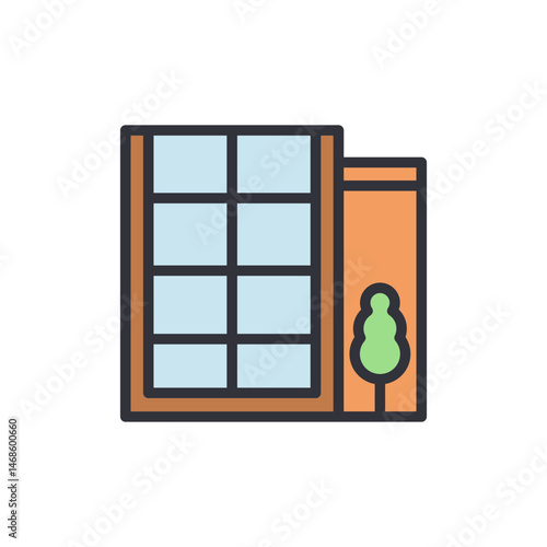 Minimalist Building Icon with Tree, Illustrating Modern Architecture Trend