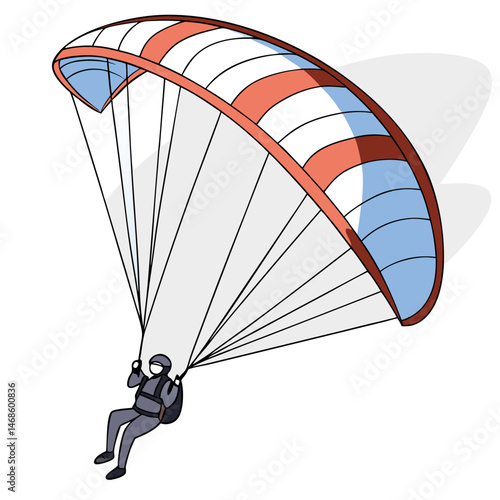 Illustration of a person paragliding with a red and white striped parachute design