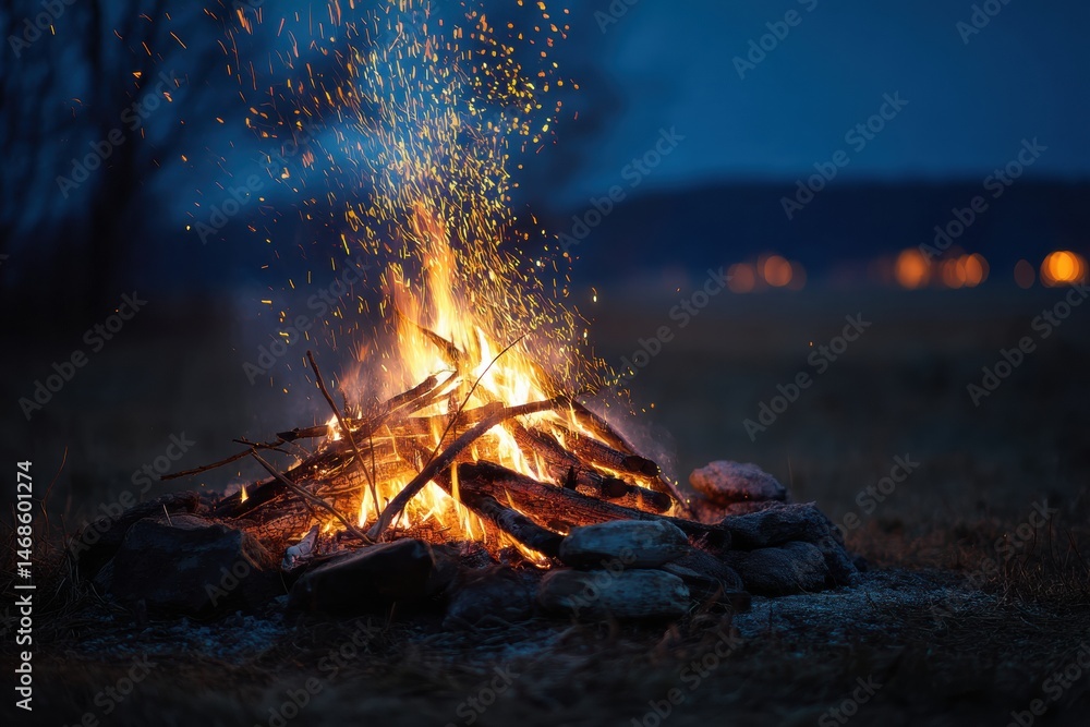 Naklejka premium Warm Evening Bonfire Creating Sparks and a Cozy Glow Under the Night Sky in a Serene Outdoor Setting Generative AI