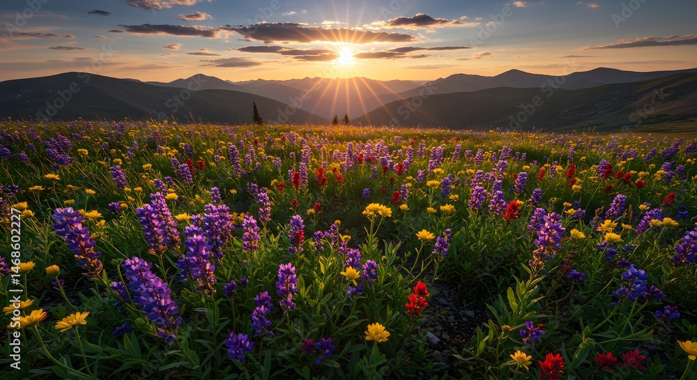 Obraz premium Vibrant Wildflower Field at Sunset with Mountainous Horizon under a Colorful Sky