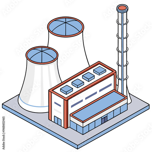 Isometric view of a nuclear power plant with cooling towers and a tall chimney