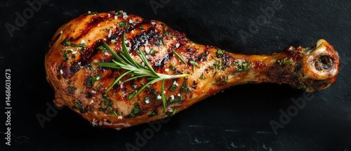 Roasted chicken drumstick garnished with herbs.