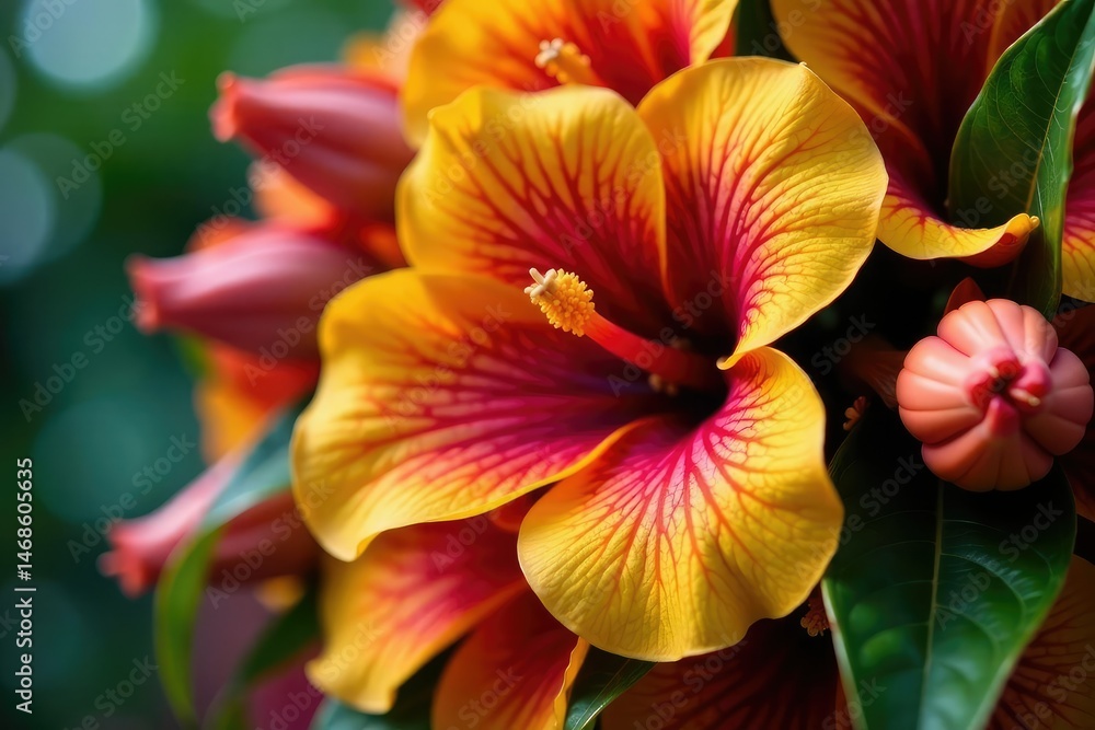 Close-up of a vibrant lei, showcasing intricate floral details and lush greenery Hawaiian tradition, tropical flowers, celebration , texture, bright, background Close-up of a vibrant lei, showcasing intricate floral details and lush greenery Hawaiian tradition, tropical flowers, celebration , texture, bright, background