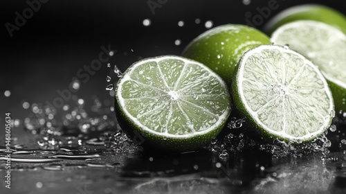 Fresh limes with splashing water droplets on a dark surface.