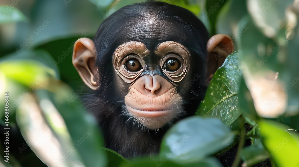 Baby Chimpanzee Portrait Among Green Leaves in Natural Habitat Detailed Close up Featuring Vibrant Foliage Baby Chimpanzee Portrait Among Green Leaves in Natural Habitat Detailed Close up Featuring Vibrant Foliage