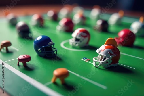 Close-up shot of a fantasy football draft board with miniature football helmets and score markers , entertainment, winning