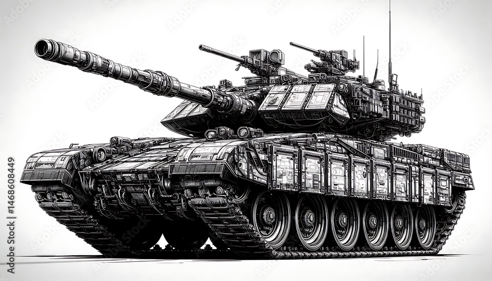 Fototapeta premium Advanced Military Tank Power: Tactical Armored Vehicle Illustration in Monochrome - The Pinnacle of Combat Vehicle Engineering and Weaponry