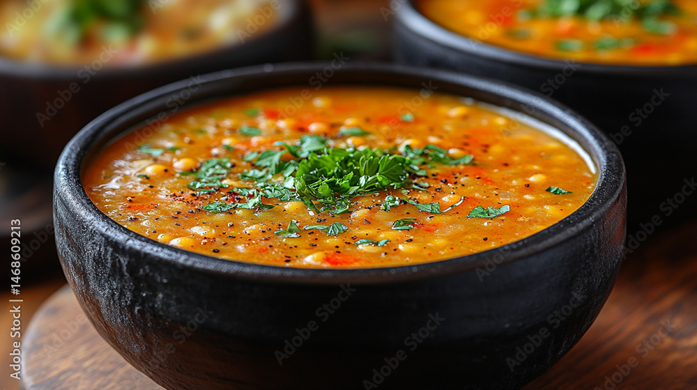 Lentil soup in bowls, garnished with herbs, on a wooden table Lentil soup in bowls, garnished with herbs, on a wooden table