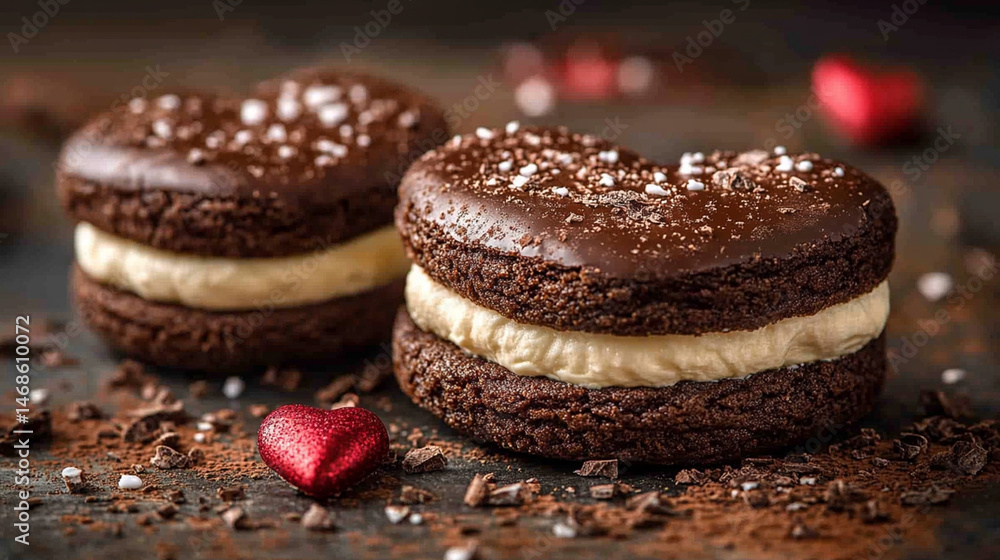 Heart-shaped chocolate cookies with cream filling on dark surface with cocoa powder and hearts Heart-shaped chocolate cookies with cream filling on dark surface with cocoa powder and hearts