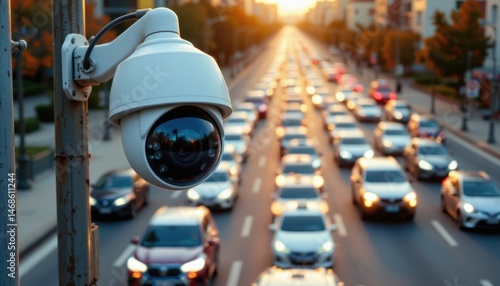 Traffic surveillance camera monitoring busy city street at sunset urban environment aerial view security concept