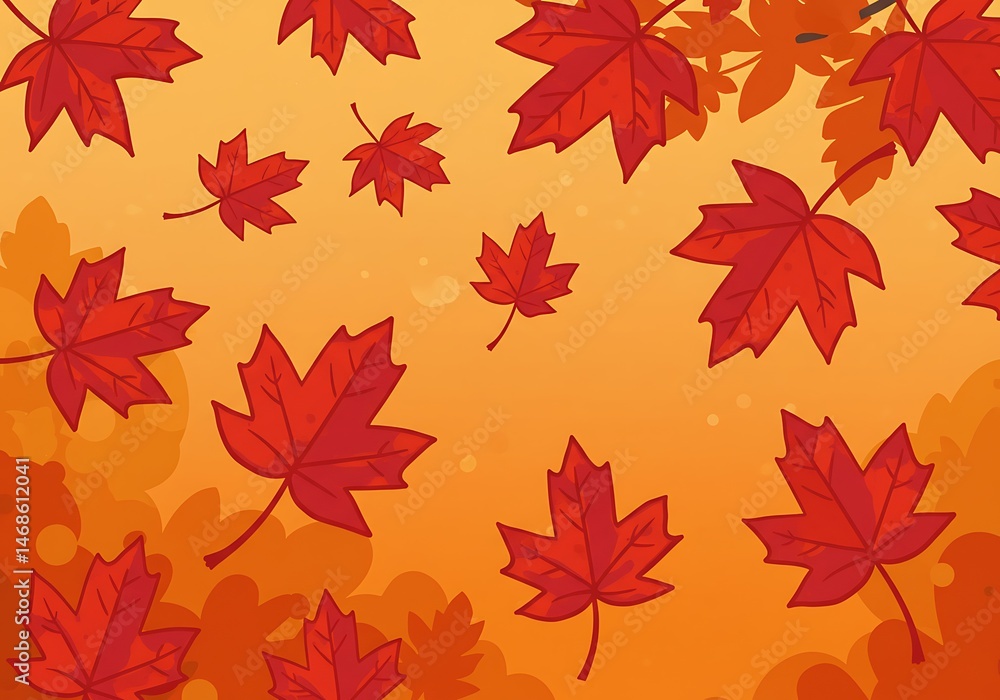 Autumn Leaves Background: Red Maple Leaves Falling on Orange Autumn Leaves Background: Red Maple Leaves Falling on Orange