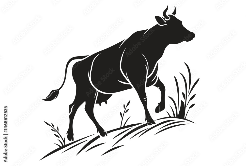 Fototapeta premium Creative black vector silhouette cow with grass isolated on white background.