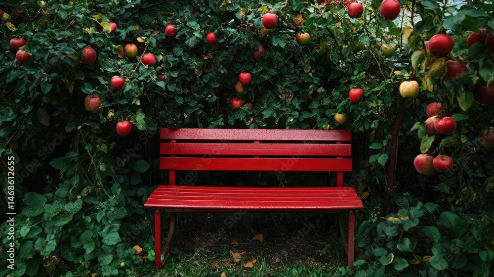 Obraz premium Red bench surrounded by greenery and apples