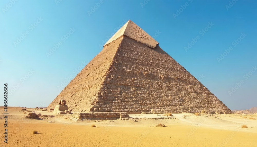 Majestic Egyptian pyramid standing tall against a clear blue sky, ancient wonder of the world , desert, landmark Majestic Egyptian pyramid standing tall against a clear blue sky, ancient wonder of the world , desert, landmark