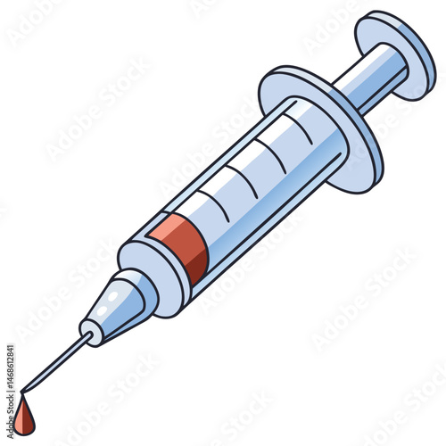 A cartoon illustration of a syringe with a drop of liquid hanging from the needle