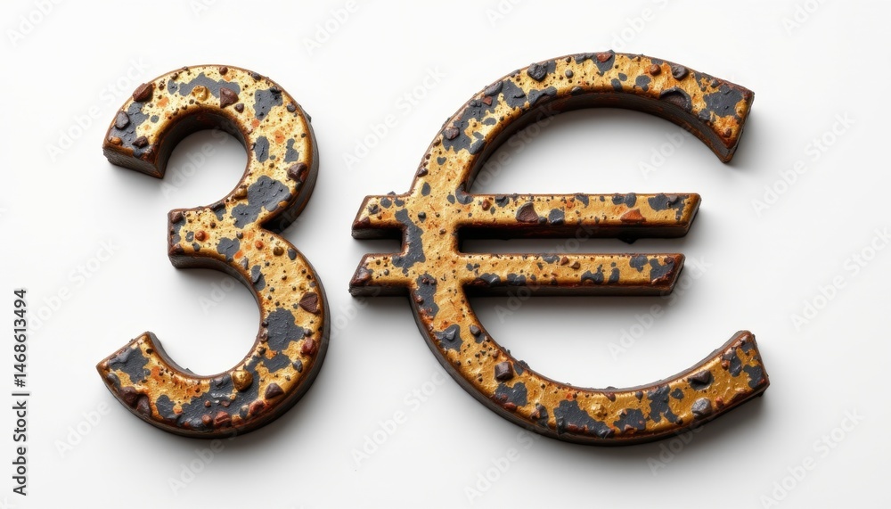 Rusty 3 euro symbol on white background business finance concept minimalist design close-up view Rusty 3 euro symbol on white background business finance concept minimalist design close-up view