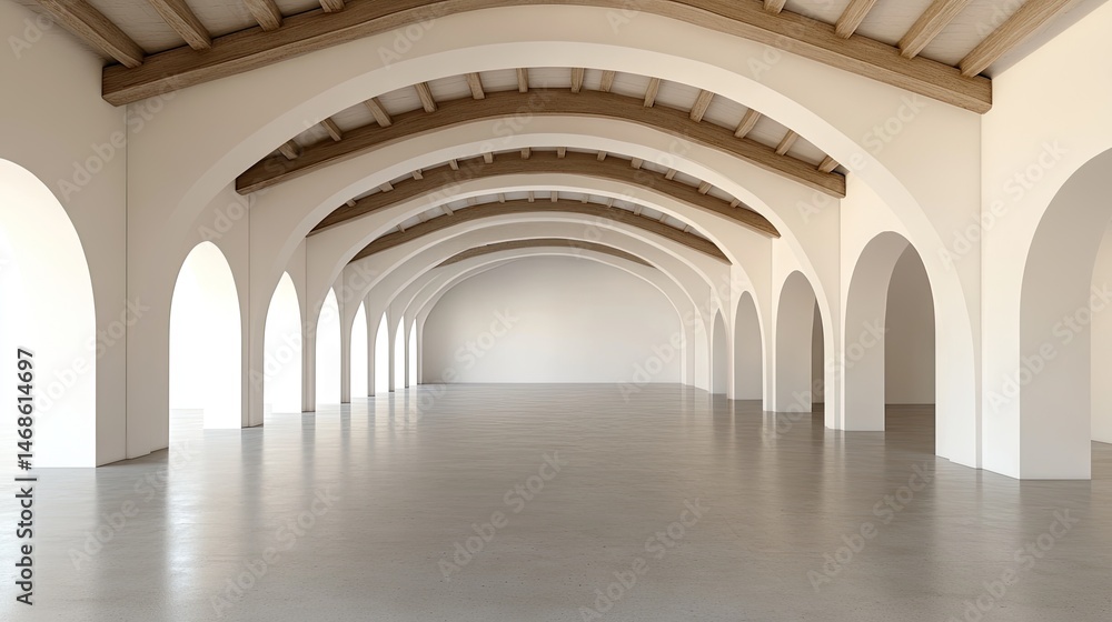 Fototapeta premium Empty, light-filled interior space with arched windows and wooden beams.