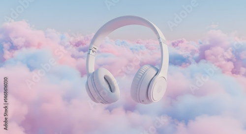 Floating White Headphones Among Soft Pink and Blue Clouds in a Dreamlike Sky