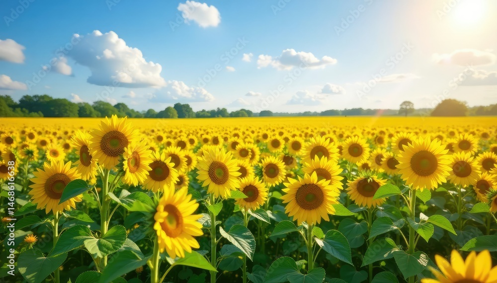 Fototapeta premium Vast field of sunflowers blooming under a bright summer sky Vibrant yellow flowers stretching to the horizon , summer, rural, golden