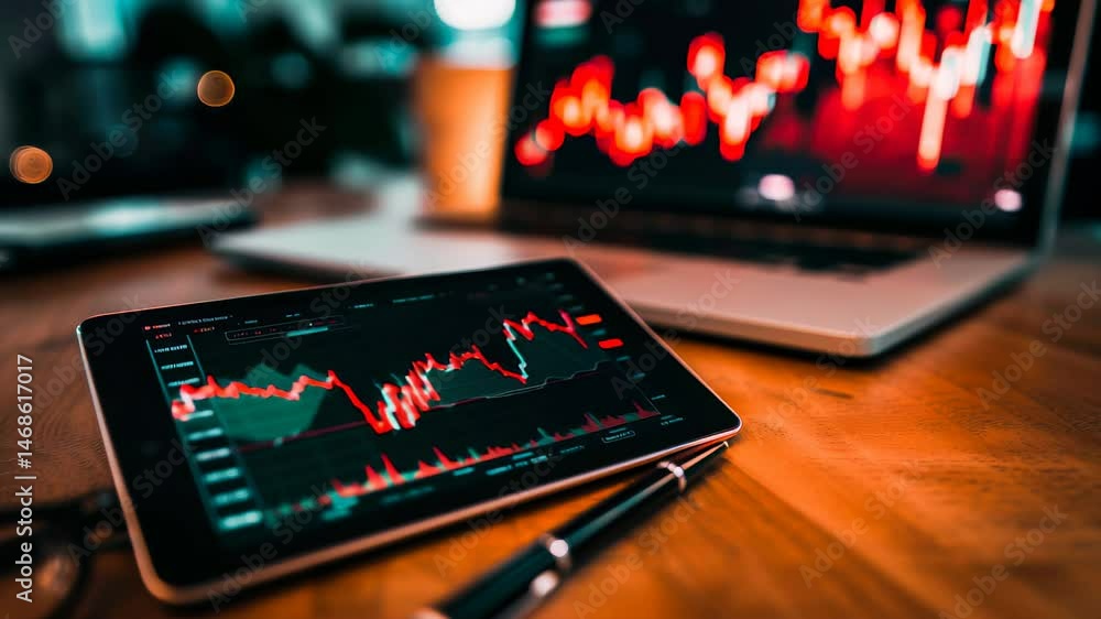 Trading charts with glowing lines representing stocks, forex, and gold prices. Multiple screens display real-time financial graphs, candlestick patterns, and fluctuating indicators. Trading charts with glowing lines representing stocks, forex, and gold prices. Multiple screens display real-time financial graphs, candlestick patterns, and fluctuating indicators.