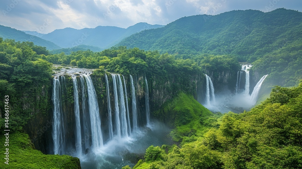 Naklejka premium Majestic waterfalls in lush mountain valley