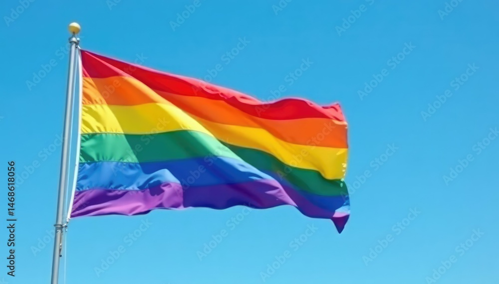 Vibrant rainbow flag fluttering in the breeze against a clear blue sky , diversity, gay pride, equality Vibrant rainbow flag fluttering in the breeze against a clear blue sky , diversity, gay pride, equality