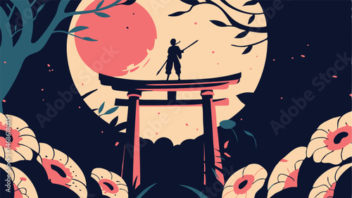 Silhouette of person with staff on torii gate against a moonlit floral background