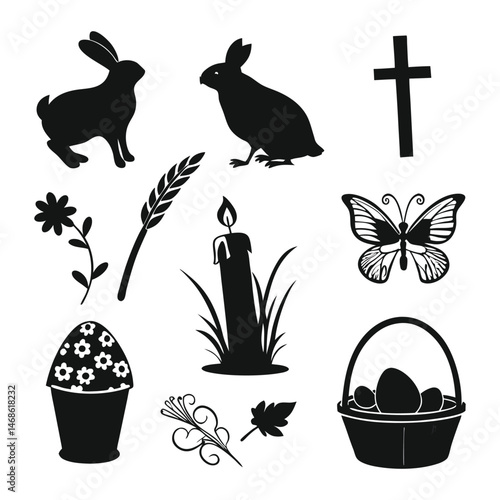 Black Easter Icons Set Bunny, Egg, Cross, Basket & Spring Elements
