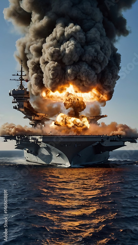 Aerial View of Naval Explosion in Military Conflict: Aircraft Carrier Ablaze Amidst Smoke and Flames in Ocean Warfare
