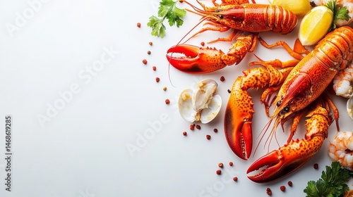 Freshly caught seafood, vibrant crustaceans and citrus.