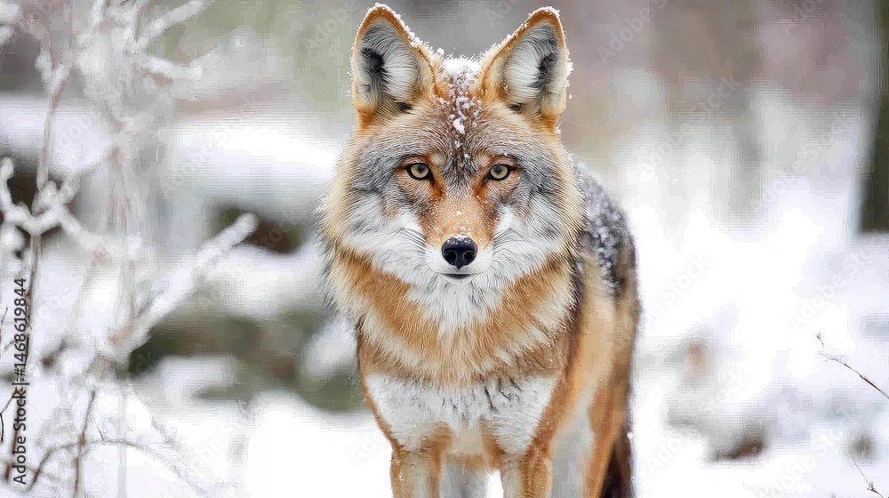 Naklejka premium Coyote Standing in Snowy Winter Landscape with Snowflakes on Fur Looking Directly at Camera
