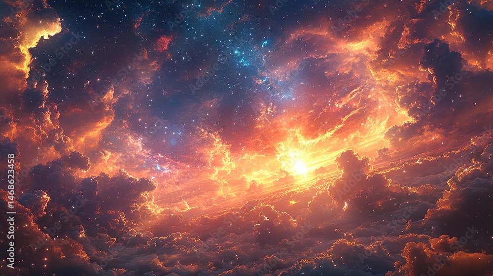 A panoramic view of the sculpture's nebula-like form, with swirling clouds and stars creating an otherworldly atmosphere. A panoramic view of the sculpture's nebula-like form, with swirling clouds and stars creating an otherworldly atmosphere.