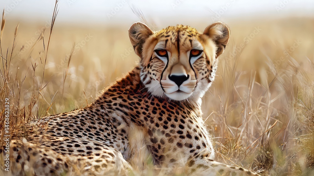Detailed Portrait of a Lying Cheetah Amidst Golden Grasslands in Natural Sunlight in its Wild Habitat Detailed Portrait of a Lying Cheetah Amidst Golden Grasslands in Natural Sunlight in its Wild Habitat