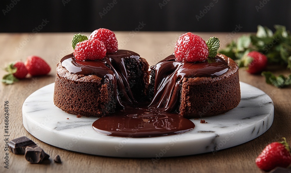 Two halves of a molten chocolate cake, drizzled with rich chocolate. Two halves of a molten chocolate cake, drizzled with rich chocolate.