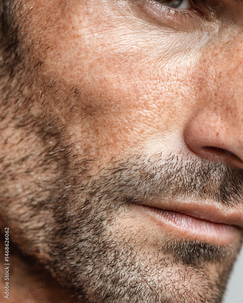 Fototapeta premium Close-up of male skin with visible pores and stubble. Clean background, natural medical light.