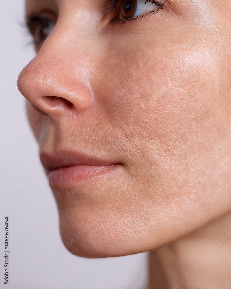 Obraz premium Macro image of combination skin with both oily and dry zones. Natural lighting on a white background.