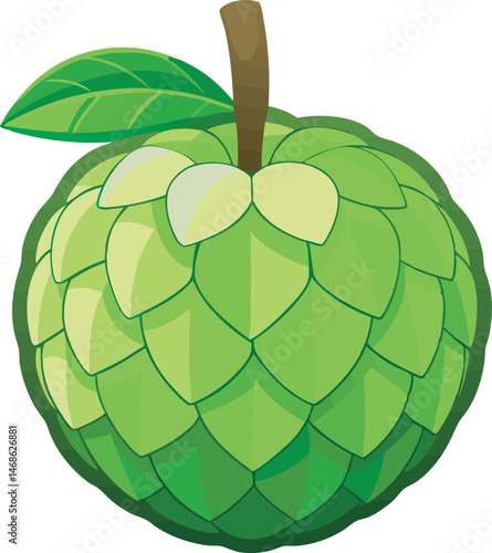 A detailed vector art illustration of a ripe sugar apple fruit, showcasing its textured green skin and creamy segmented interior in vibrant colors.