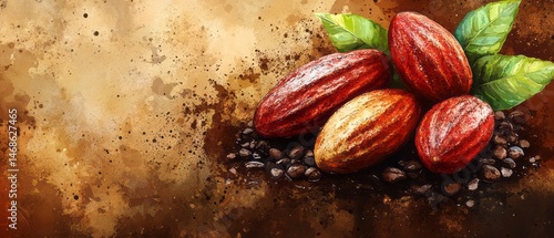 Hand-painted cocoa pods and coffee beans on a textured surface.