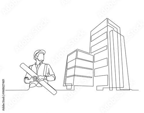Continuous single line drawing of civil engineer reading blueprint paper and company corporate building. Architect reading blueprint paper single line vector illustration. Editable outline.