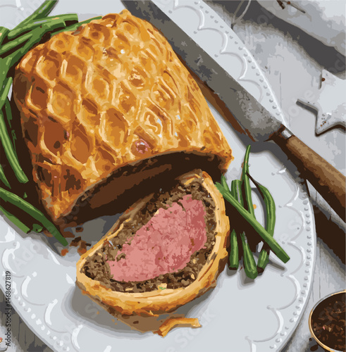 PrintBeef Wellington vector illustration. Realistic gourmet dish with golden puff pastry and beef tenderloin. Perfect for restaurant menus, recipe books, and culinary design projects.