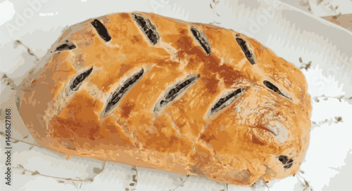 Beef Wellington vector illustration. Realistic gourmet dish with golden puff pastry and beef tenderloin. Perfect for restaurant menus, recipe books, and culinary design projects.