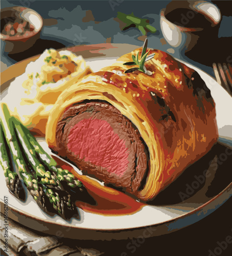 Beef Wellington vector illustration. Realistic gourmet dish with golden puff pastry and beef tenderloin. Perfect for restaurant menus, recipe books, and culinary design projects.
