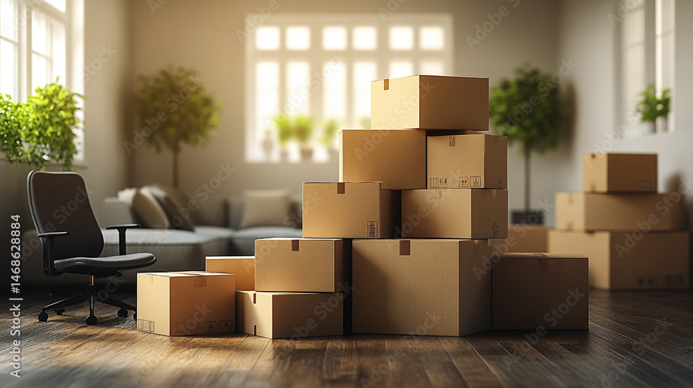 Moving boxes stacked in sunny living room with furniture Moving boxes stacked in sunny living room with furniture