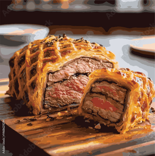 Beef Wellington vector illustration. Realistic gourmet dish with golden puff pastry and beef tenderloin. Perfect for restaurant menus, recipe books, and culinary design projects.